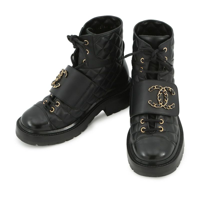 シャネル ショートブーツ マトラッセ ココマーク レースアップ レザー レディースサイズ35 G39516 CHANEL 靴 黒