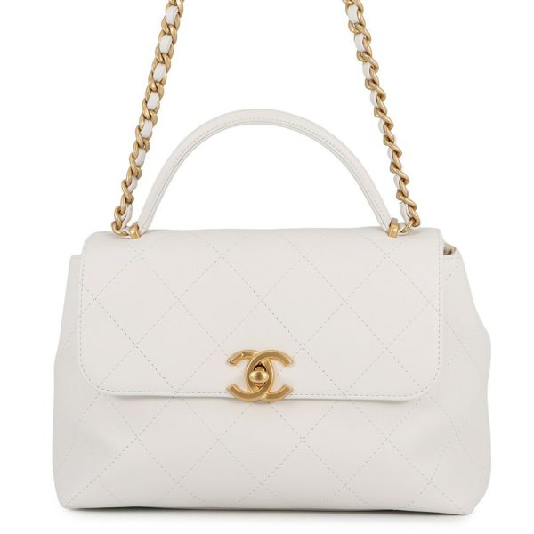 シャネル チェーンショルダーバッグ ココマーク マトラッセ トップハンドル カーフレザー CHANEL 2way 白