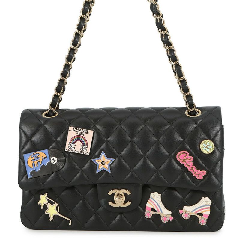 シャネル チェーンショルダーバッグ マトラッセ25 ココマーク ワッペン ダブルチェーン ラムスキン A01112 CHANEL 黒 24年クルーズ