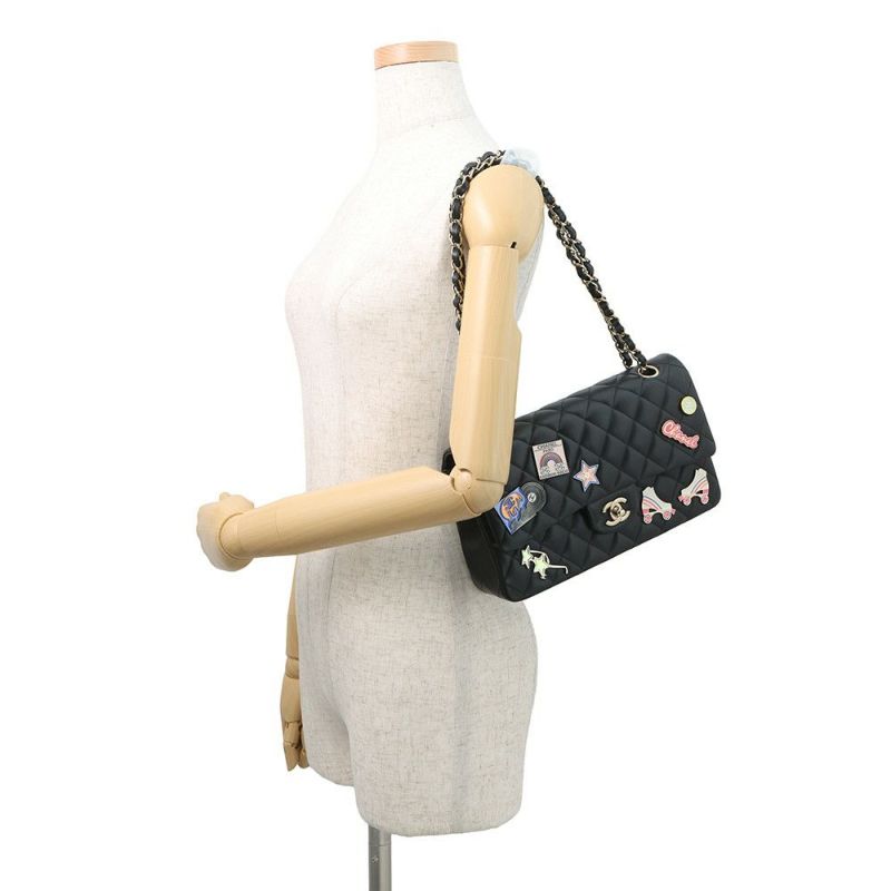 シャネル チェーンショルダーバッグ マトラッセ25 ココマーク ワッペン ダブルチェーン ラムスキン A01112 CHANEL 黒 24年クルーズ