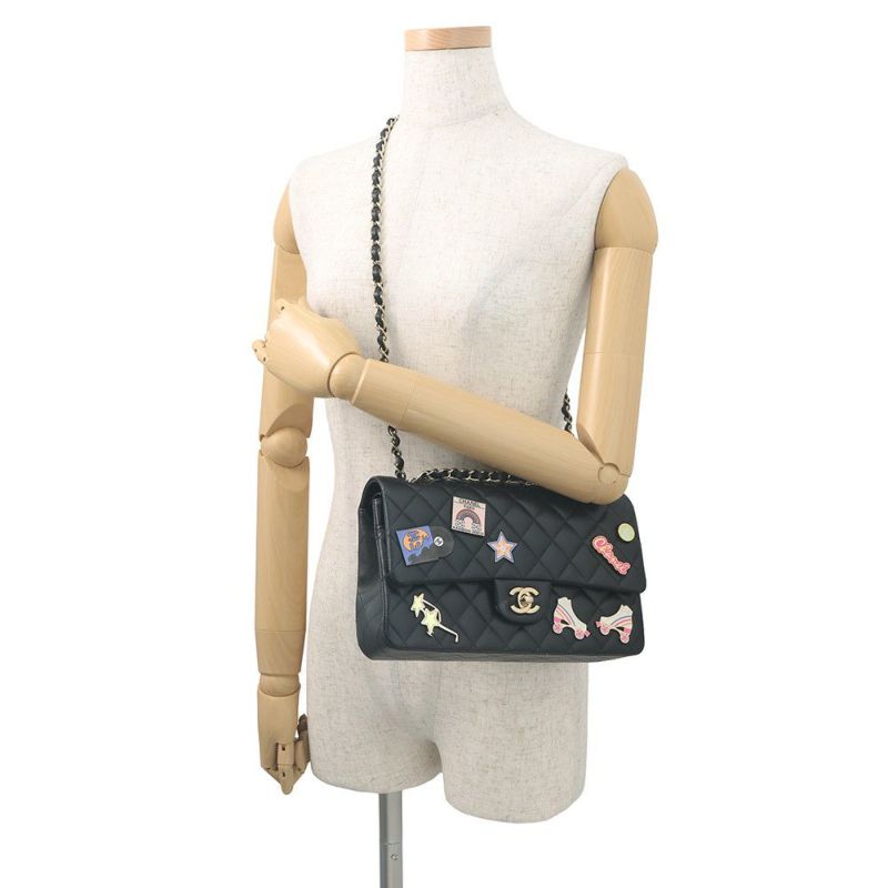 シャネル チェーンショルダーバッグ マトラッセ25 ココマーク ワッペン ダブルチェーン ラムスキン A01112 CHANEL 黒 24年クルーズ