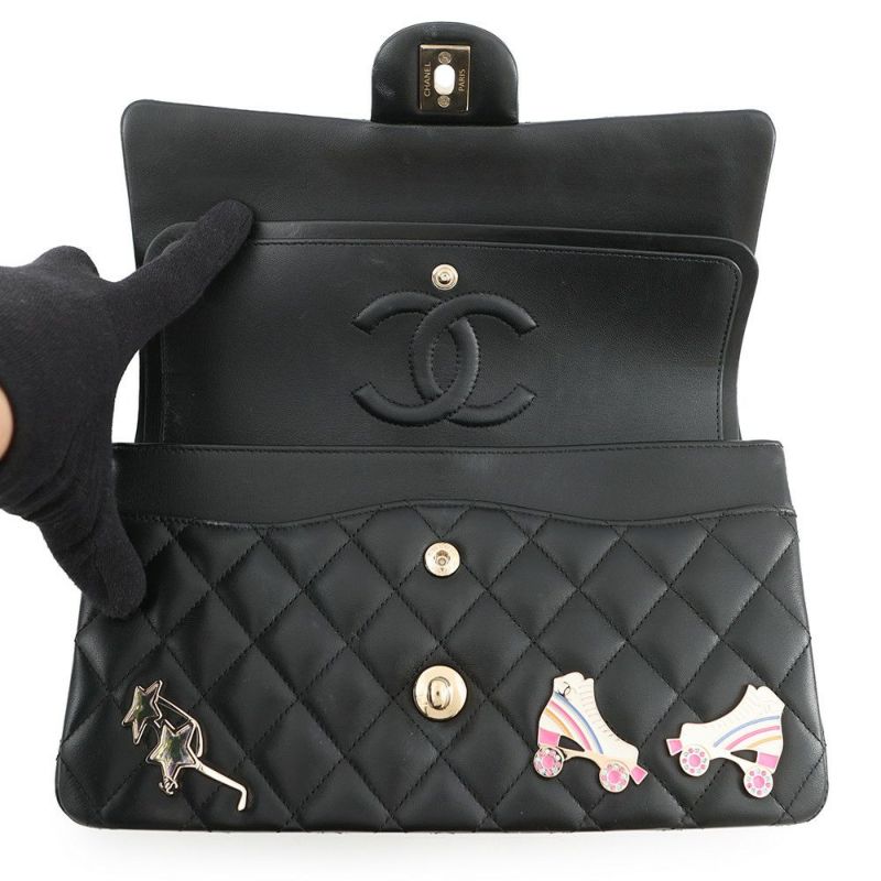 シャネル チェーンショルダーバッグ マトラッセ25 ココマーク ワッペン ダブルチェーン ラムスキン A01112 CHANEL 黒 24年クルーズ