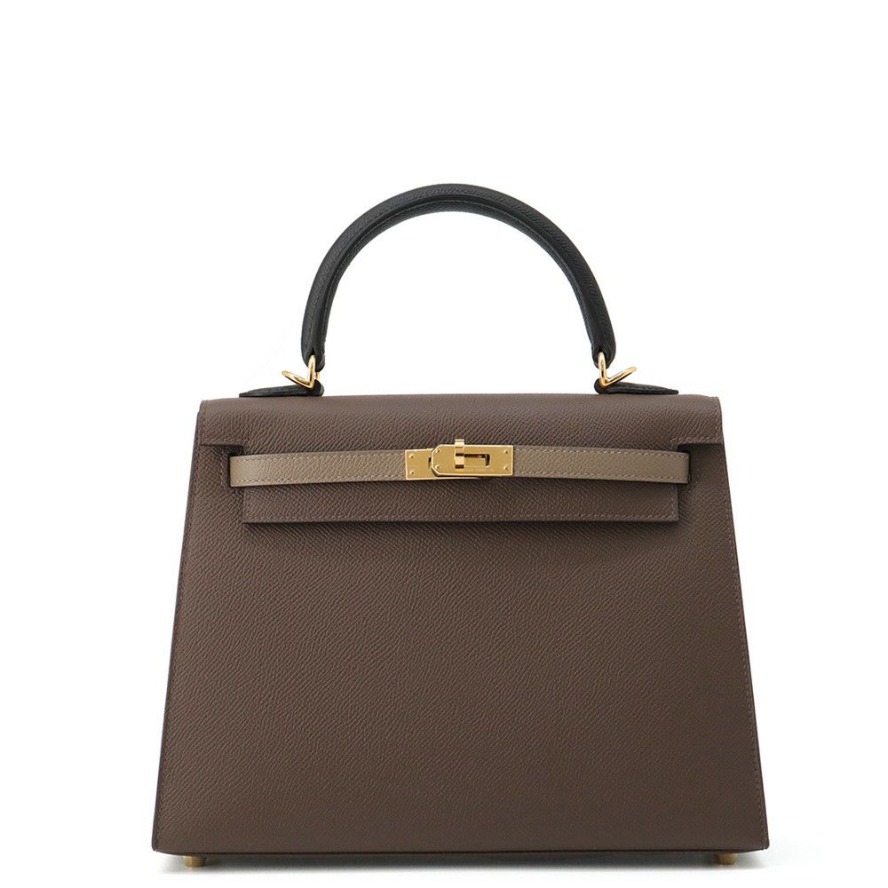 エルメス ケリー25 外縫い トリコロール エコルセ/ブラック/エトゥープ/ゴールド金具 エプソン W刻印 2wayショルダー