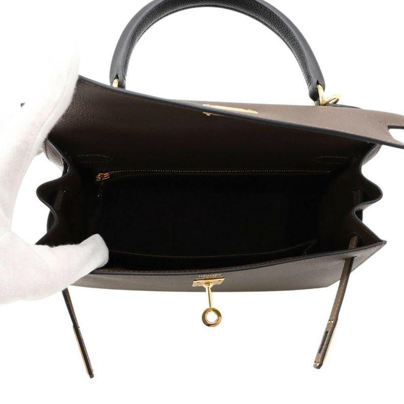 エルメス ケリー25 外縫い トリコロール エコルセ/ブラック/エトゥープ/ゴールド金具 エプソン W刻印 2wayショルダー