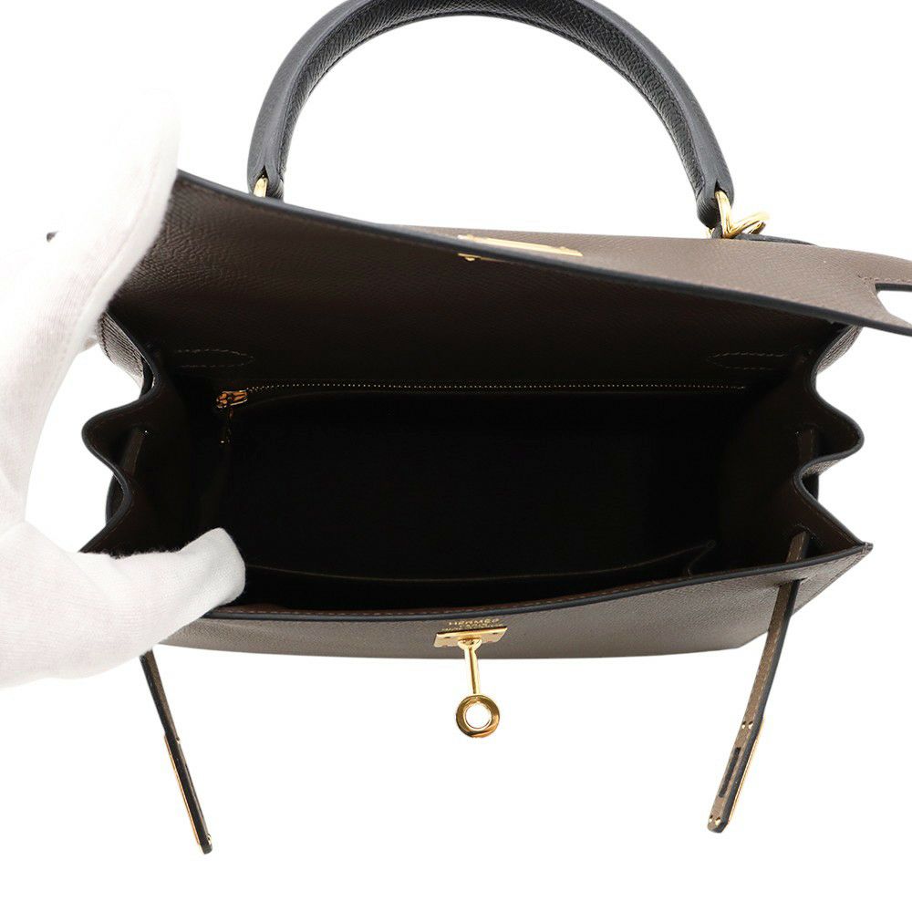 エルメス ケリー25 外縫い トリコロール エコルセ/ブラック/エトゥープ/ゴールド金具 エプソン W刻印 2wayショルダー