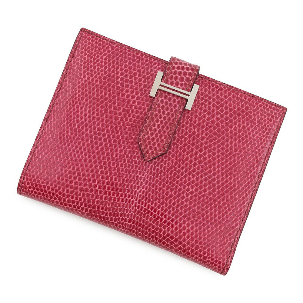 エルメス 二つ折り財布 ベアンコンパクト フューシャピンク/シルバー金具 リザード □I刻印