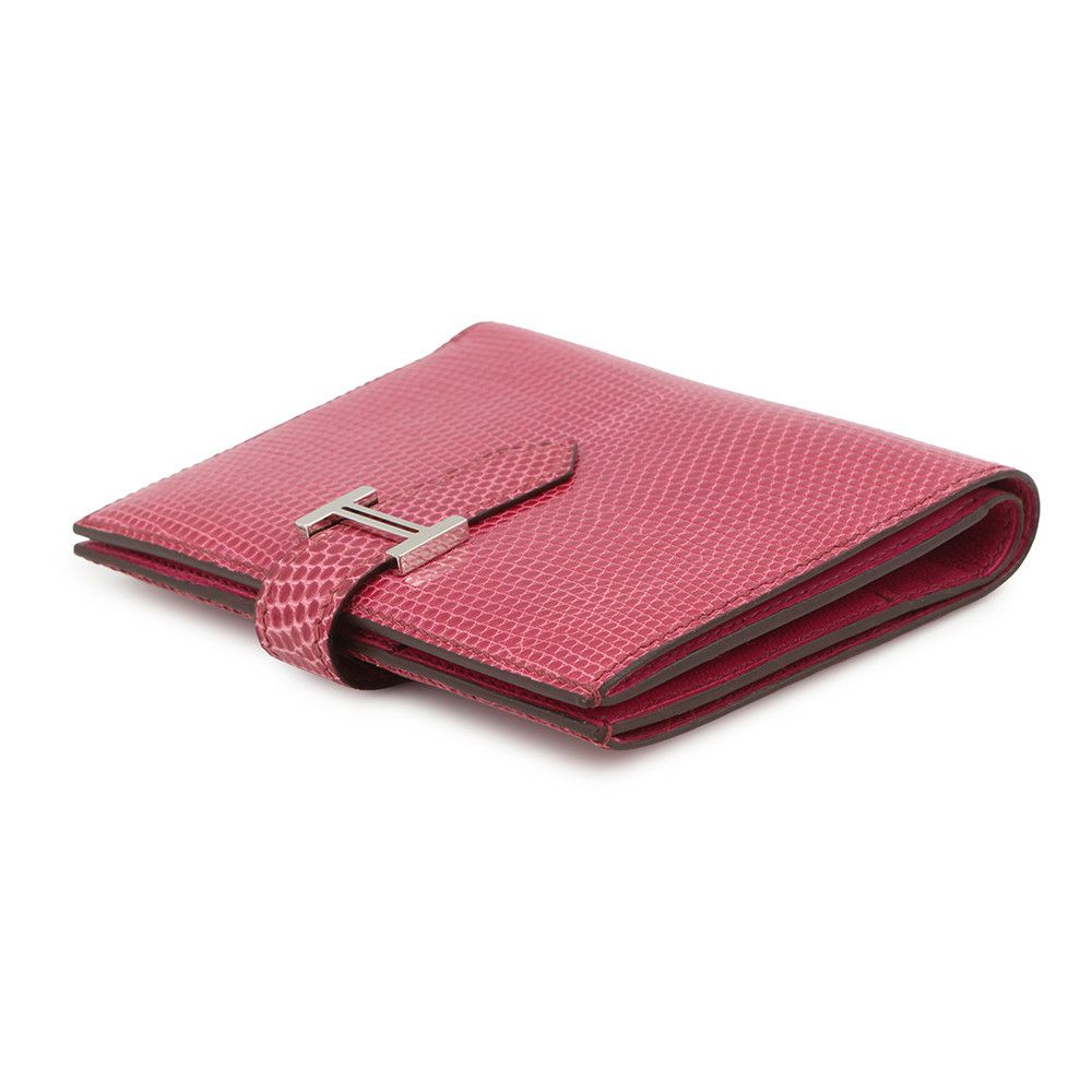 エルメス 二つ折り財布 ベアンコンパクト フューシャピンク/シルバー金具 リザード □I刻印