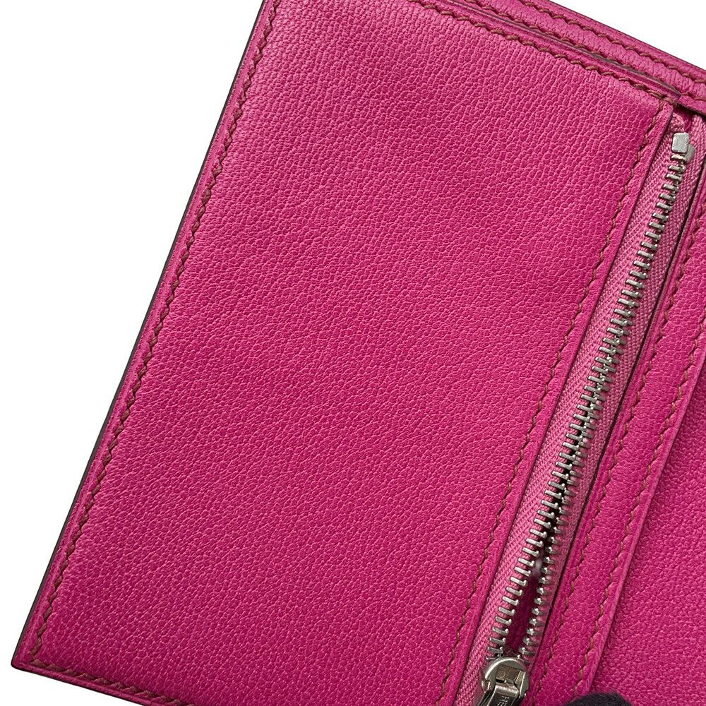 エルメス 二つ折り財布 ベアンコンパクト フューシャピンク/シルバー金具 リザード □I刻印