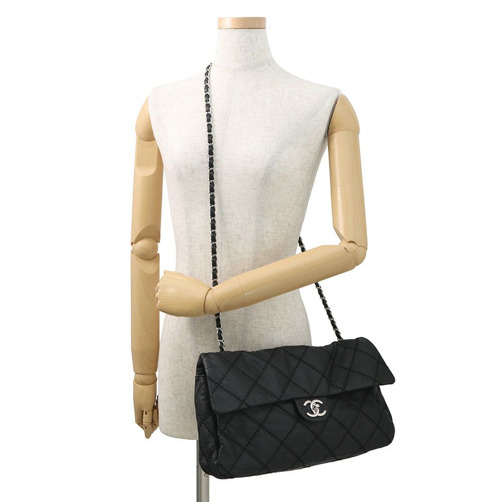 シャネル チェーンショルダーバッグ マトラッセ ココマーク ウルトラステッチ ダブルチェーン レザー CHANEL A50853 黒