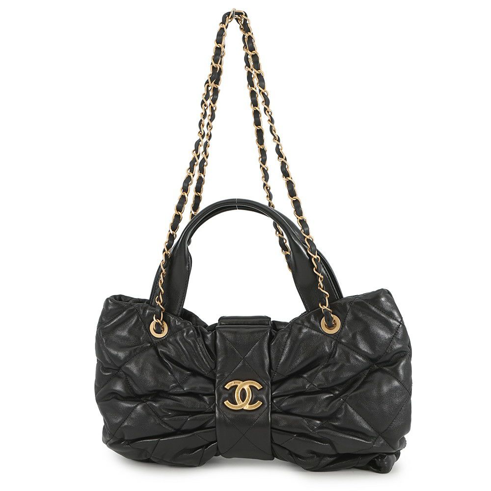 シャネル ハンドバッグ マトラッセ ココマーク リボン ボウ バッグ ラムスキン AS5851 CHANEL 黒 2way