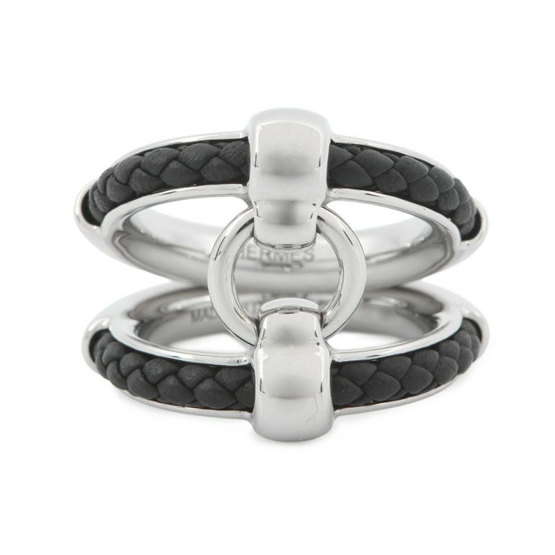 エルメス リング フリビュスティエ ブラック/シルバー金具 レザー サイズ58 HERMES 指輪 メンズ 黒