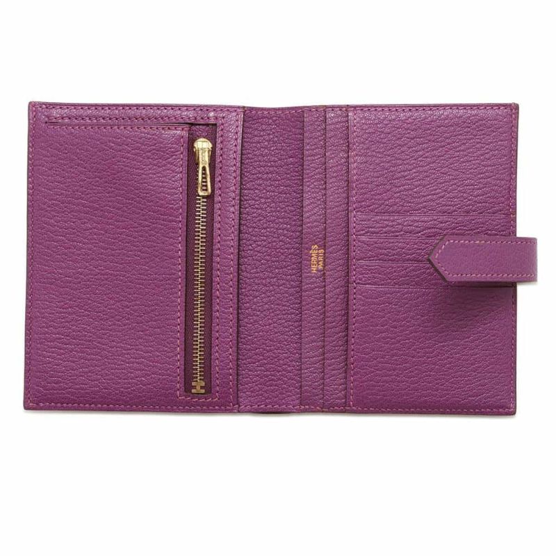 エルメス 二つ折り財布 ベアンコンパクト シクラメン/ゴールド金具 シェブルミゾル □H刻印 財布 シェーブル