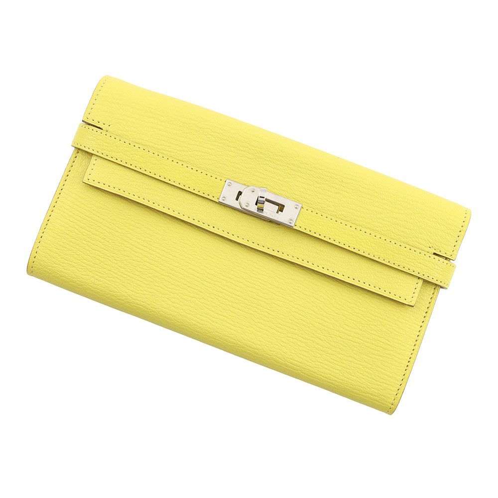 エルメス 長財布 ケリーウォレット ロング ライム/シルバー金具 シェブルミゾル X刻印 HERMES 財布 シェーブル