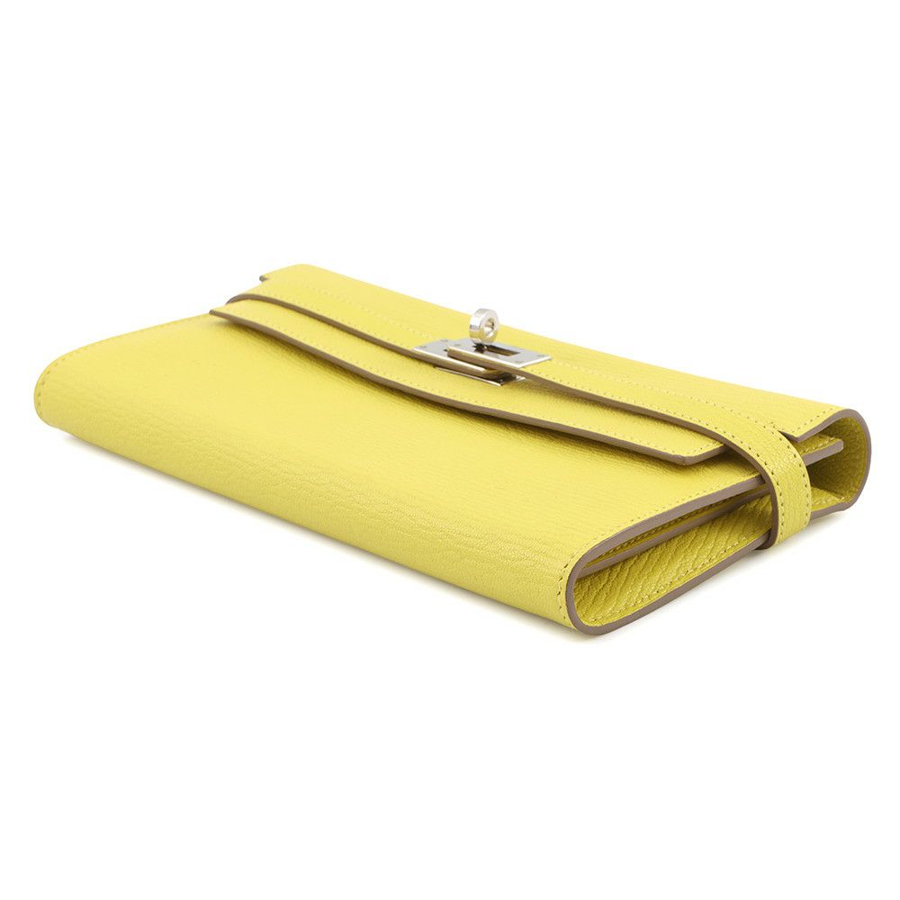 エルメス 長財布 ケリーウォレット ロング ライム/シルバー金具 シェブルミゾル X刻印 HERMES 財布 シェーブル