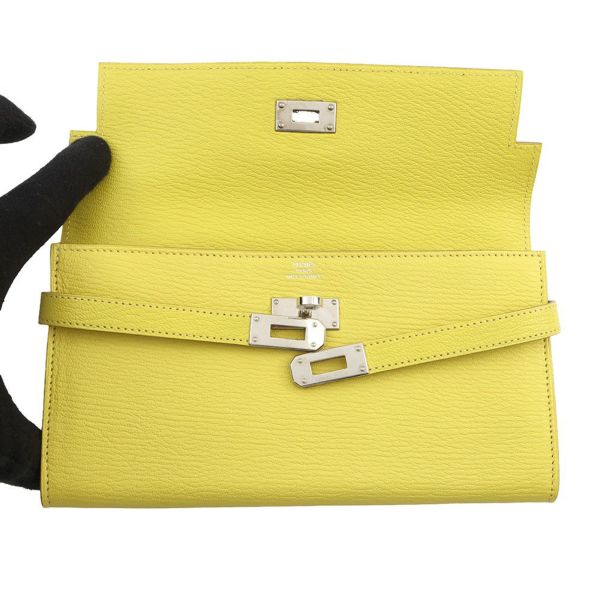 エルメス 長財布 ケリーウォレット ロング ライム/シルバー金具 シェブルミゾル X刻印 HERMES 財布 シェーブル