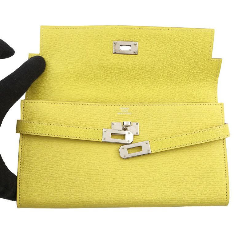 エルメス 長財布 ケリーウォレット ロング ライム/シルバー金具 シェブルミゾル X刻印 HERMES 財布 シェーブル