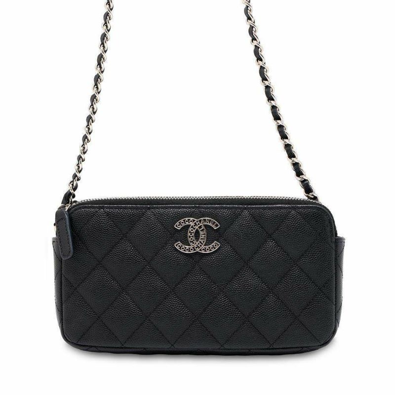 シャネル チェーンウォレット ココマーク マトラッセ キャビアスキン AP3837 CHANEL 財布 チェーンショルダーバッグ 黒