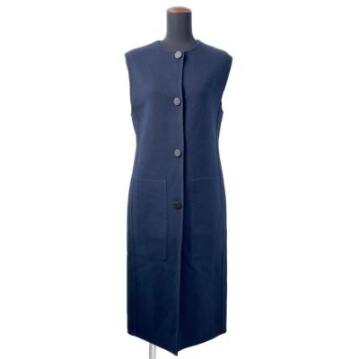 【N30】真贋済　HERMES エルメス　ジレ　ロングベスト　ネイビー　ウール エルメス ロングジレ ベスト カシミヤ レディースサイズ34 HERMES