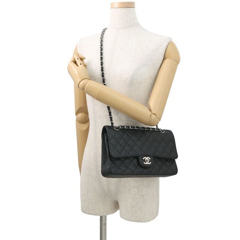 シャネル チェーンショルダーバッグ マトラッセ25 ココマーク ダブルチェーン キャビアスキン A01112 CHANEL 黒