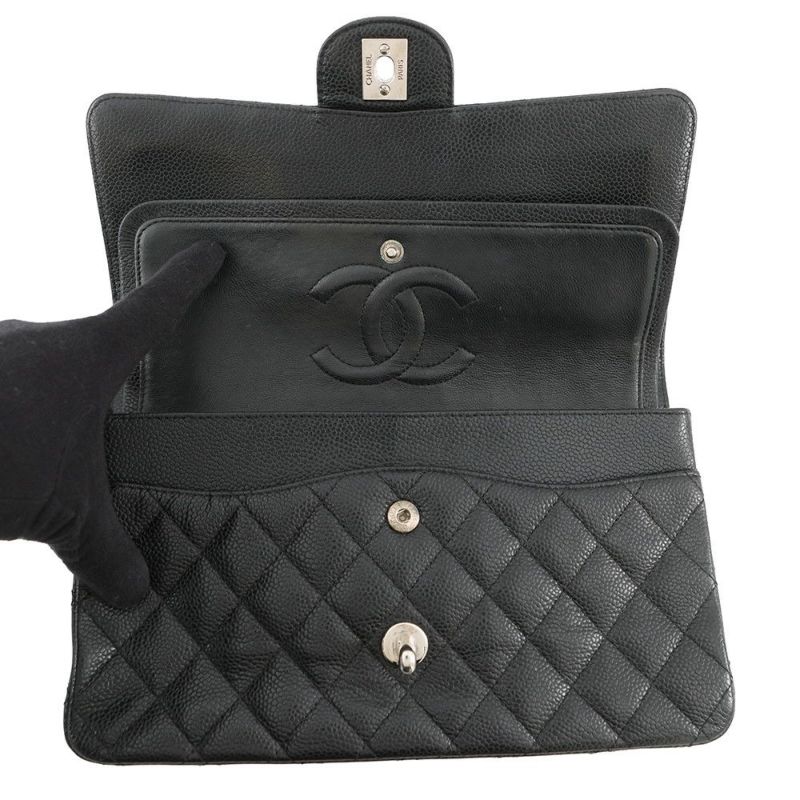 シャネル チェーンショルダーバッグ マトラッセ25 ココマーク ダブルチェーン キャビアスキン A01112 CHANEL 黒