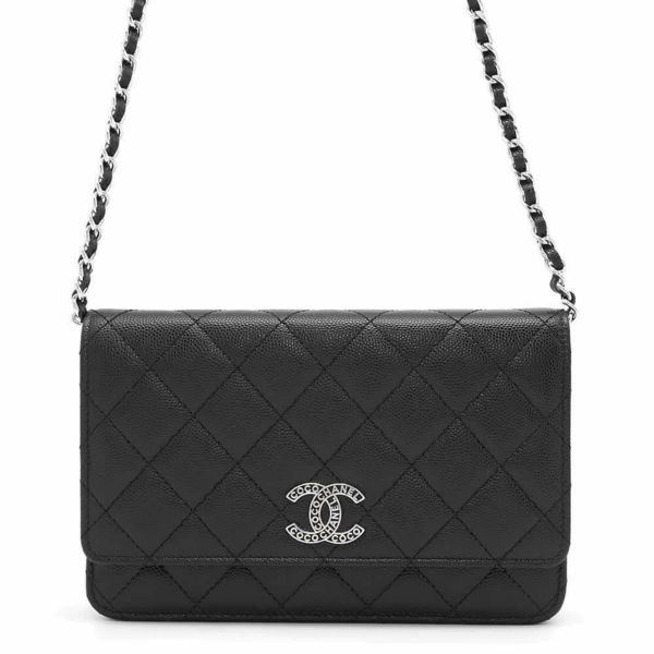 シャネル チェーンウォレット マトラッセ ココマーク キャビアスキン CHANEL 黒