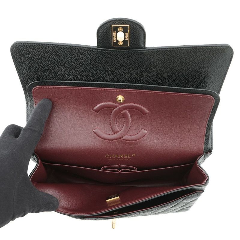 シャネル チェーンショルダーバッグ マトラッセ25 ココマーク ダブルチェーン キャビアスキン A01112 CHANEL 黒