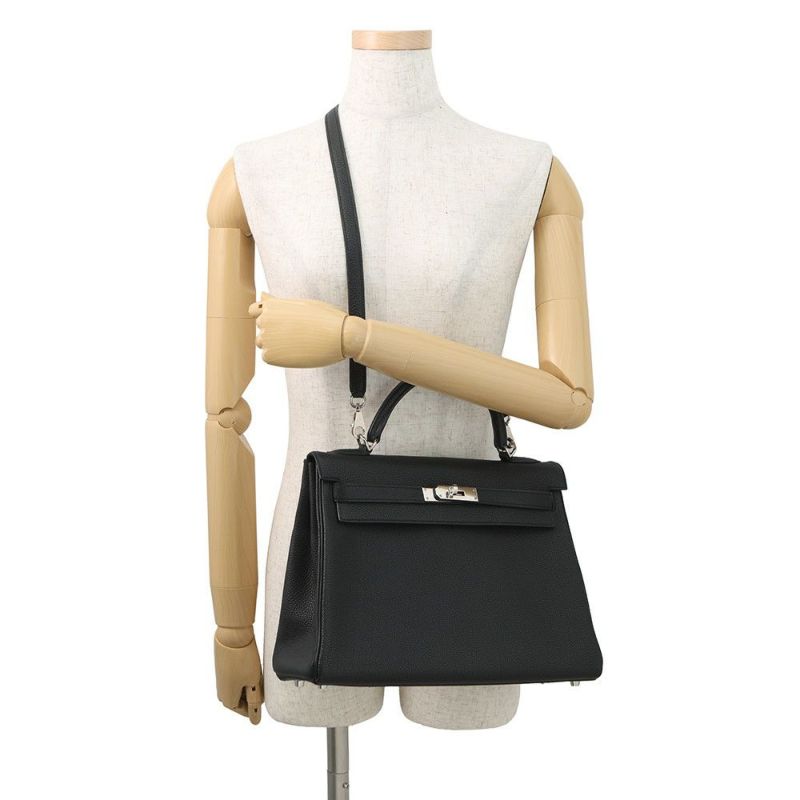 エルメス ハンドバッグ ケリー32 内縫い ブラック/シルバー金具 トゴ □J刻印 2wayショルダー 黒