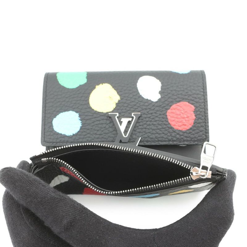 ルイヴィトン 三つ折り財布 トリヨンレザー/ペインティッド ドット LV×YK ポルトフォイユ・カプシーヌ コンパクト M81963 黒 草間弥生