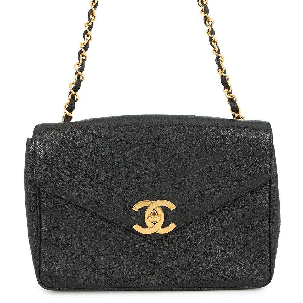 シャネル チェーンショルダーバッグ シェブロン Vステッチ デカココ ココマーク キャビアスキン CHANEL バッグ 黒