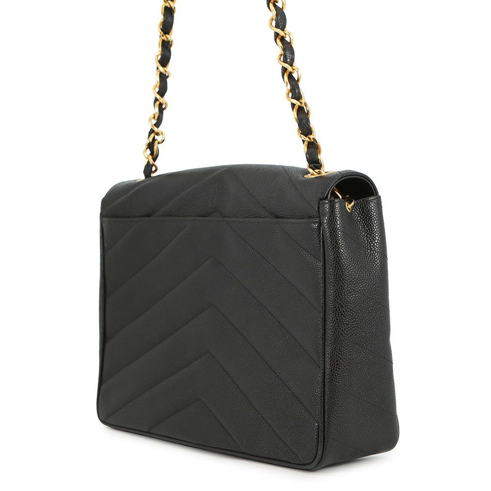 シャネル チェーンショルダーバッグ シェブロン Vステッチ デカココ ココマーク キャビアスキン CHANEL バッグ 黒