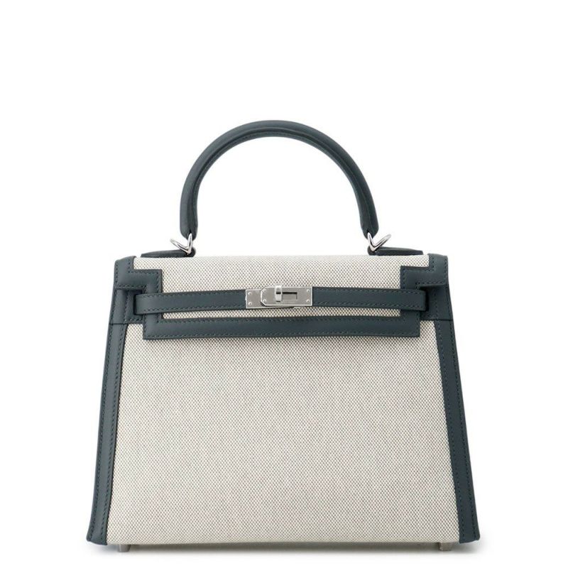 エルメス ハンドバッグ ケリー25 外縫い ヴェールマングローブ/エクリュ/シルバー金具 スイフト/トワルアッシュ K刻印 2wayショルダー