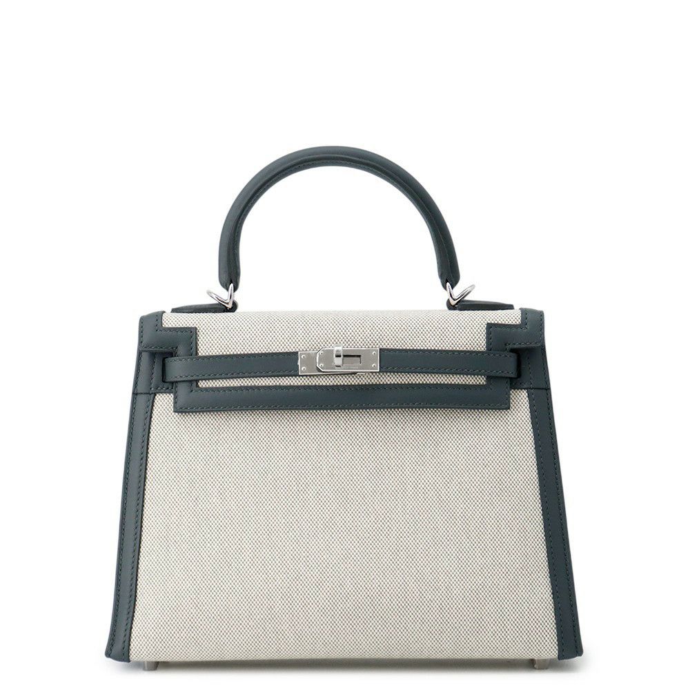 エルメス ハンドバッグ ケリー25 外縫い ヴェールマングローブ/エクリュ/シルバー金具 スイフト/トワルアッシュ K刻印 2wayショルダー