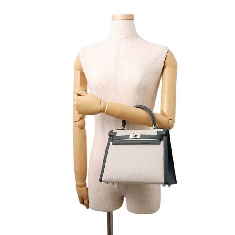 エルメス ハンドバッグ ケリー25 外縫い ヴェールマングローブ/エクリュ/シルバー金具 スイフト/トワルアッシュ K刻印 2wayショルダー