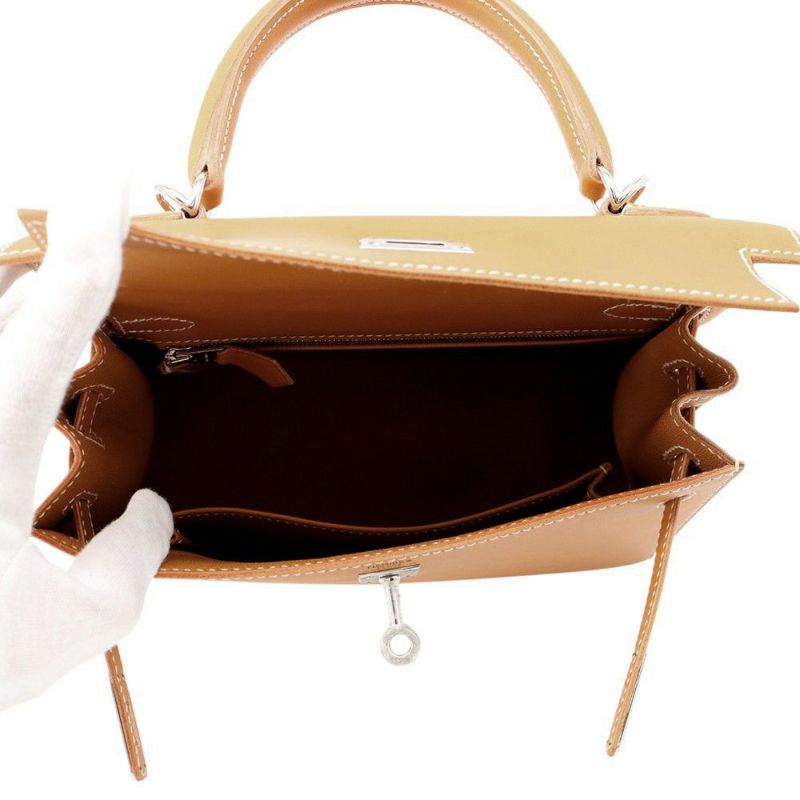 エルメス ハンドバッグ ケリー25 外縫い ナチュラルサブレ/シルバー金具 ヴォーバトラー W刻印 2wayショルダー バトラー