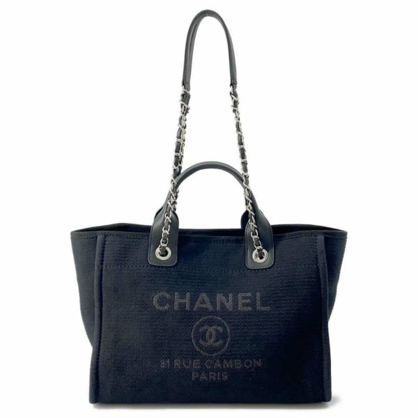 シャネル チェーントートバッグ ドーヴィルMM ショッピングバッグ キャンバス レザー CHANEL ハンド ショルダー 黒