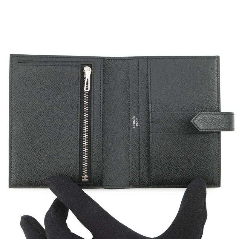 エルメス 二つ折り財布 ベアンコンパクト ブラック/ブラック金具 ヴォーマダム W刻印 黒