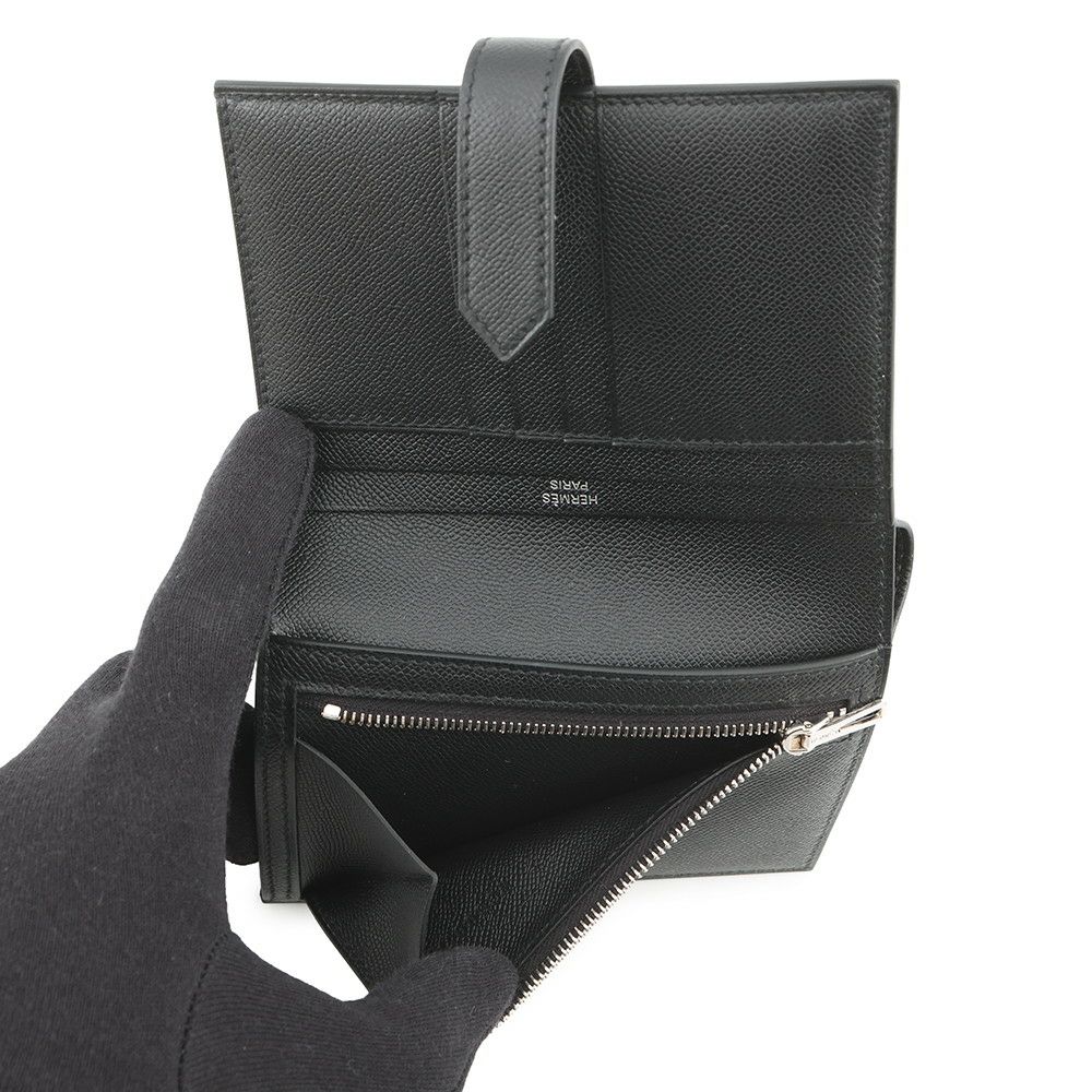 エルメス 二つ折り財布 ベアンコンパクト ブラック/ブラック金具 ヴォーマダム W刻印 黒