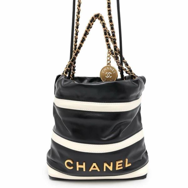 シャネル ハンドバッグ CHANEL 22 ミニ ココマーク ボーダー カーフレザー AS3980 2wayショルダーバッグ 黒 白