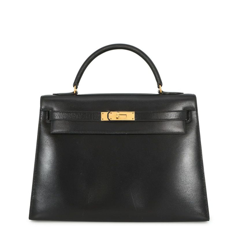 エルメス ハンドバッグ ケリー32 外縫い ブラック/ゴールド金具 ボックスカーフ 〇K刻印 黒 クラシックケリー ヴィンテージ
