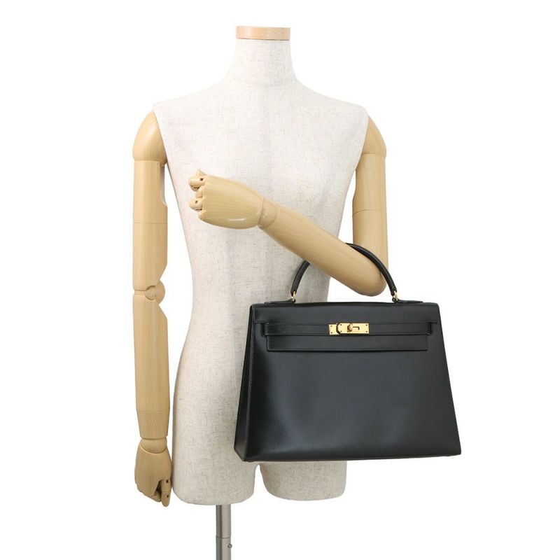 エルメス ハンドバッグ ケリー32 外縫い ブラック/ゴールド金具 ボックスカーフ 〇K刻印 黒 クラシックケリー ヴィンテージ