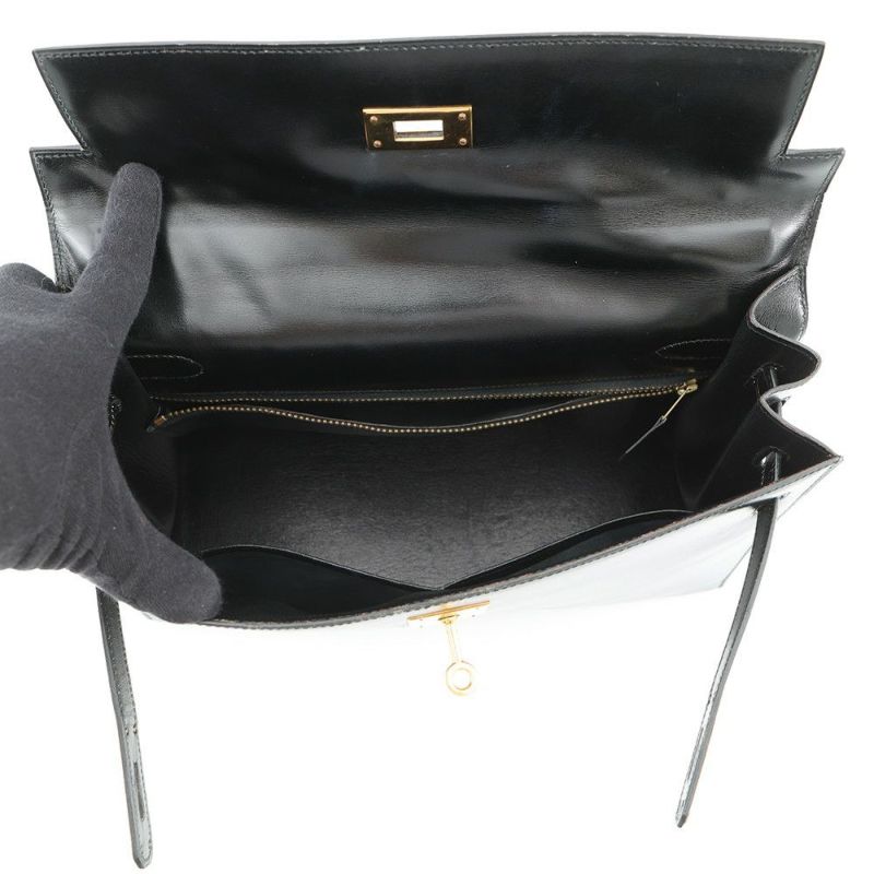 エルメス ハンドバッグ ケリー32 外縫い ブラック/ゴールド金具 ボックスカーフ 〇K刻印 黒 クラシックケリー ヴィンテージ