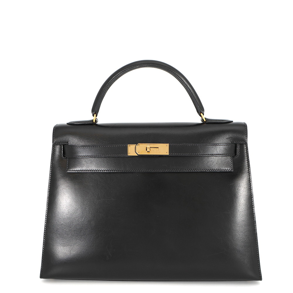 エルメス ハンドバッグ ケリー32 外縫い ブラック/ゴールド金具 ボックスカーフ 〇W刻印 2wayショルダー 黒
