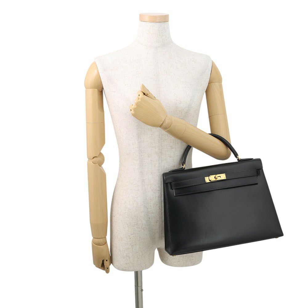 エルメス ハンドバッグ ケリー32 外縫い ブラック/ゴールド金具 ボックスカーフ 〇W刻印 2wayショルダー 黒