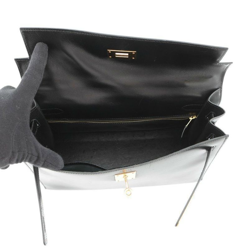エルメス ハンドバッグ ケリー32 外縫い ブラック/ゴールド金具 ボックスカーフ 〇W刻印 2wayショルダー 黒