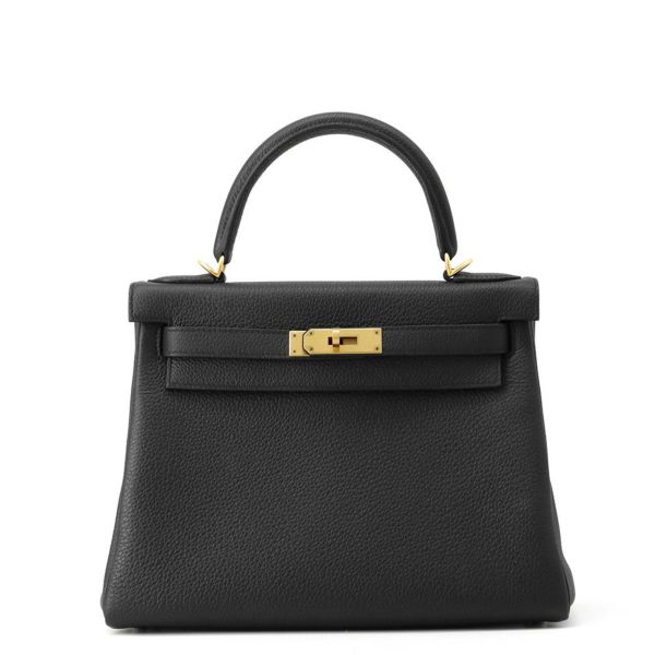 エルメス ハンドバッグ ケリー28 内縫い ブラック/マットゴールド金具 トゴ K刻印 2wayショルダー 黒