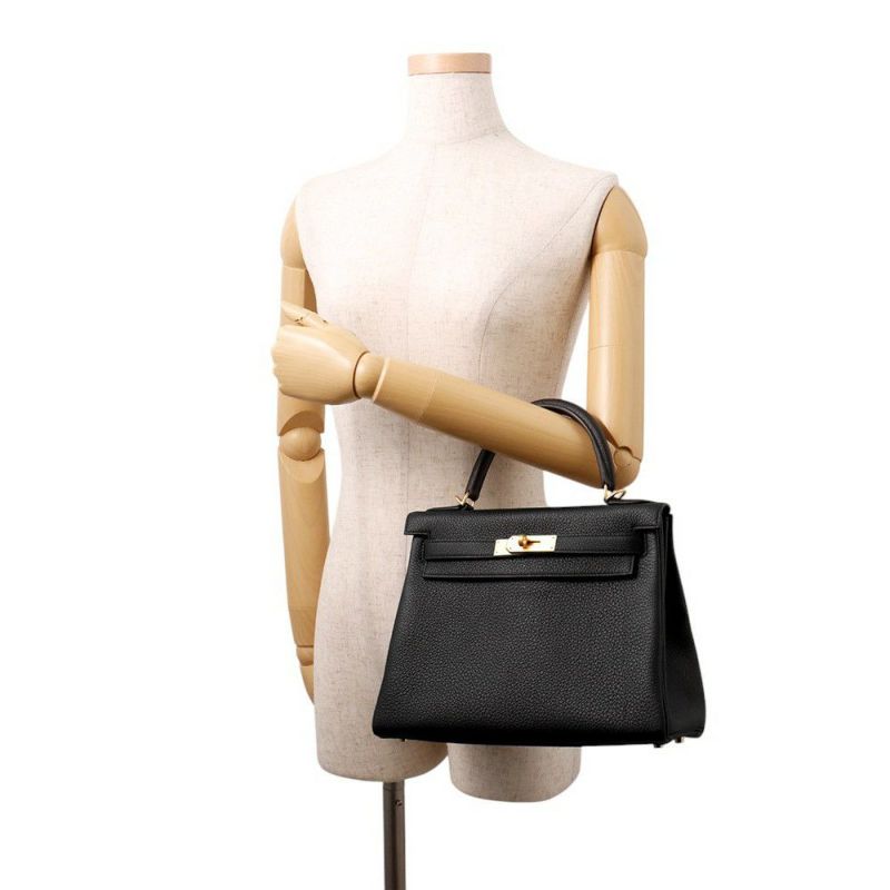 エルメス ハンドバッグ ケリー28 内縫い ブラック/マットゴールド金具 トゴ K刻印 2wayショルダー 黒