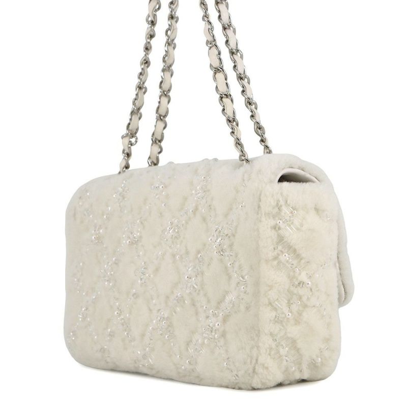 シャネル チェーンショルダーバッグ マトラッセ ココマーク フェイクパール ビーズ ムートン CHANEL バッグ 白