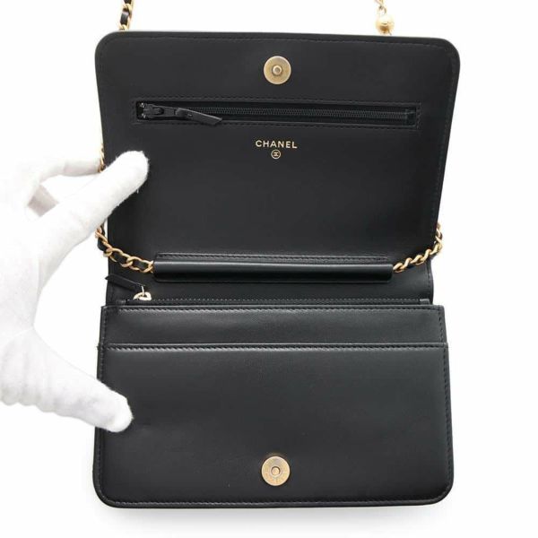 シャネル チェーンウォレット ココマーク フェイクパール カーフレザー CHANEL 黒 財布