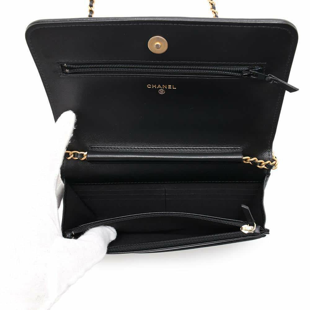 シャネル チェーンウォレット ココマーク フェイクパール カーフレザー CHANEL 黒 財布