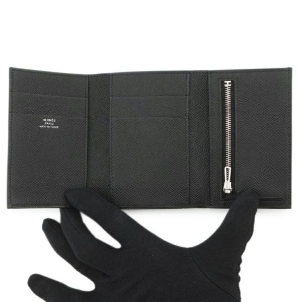 エルメス 三つ折り財布 ベアンコンビネ ブラック/シルバー金具 エプソン K刻印 HERMES 財布 黒